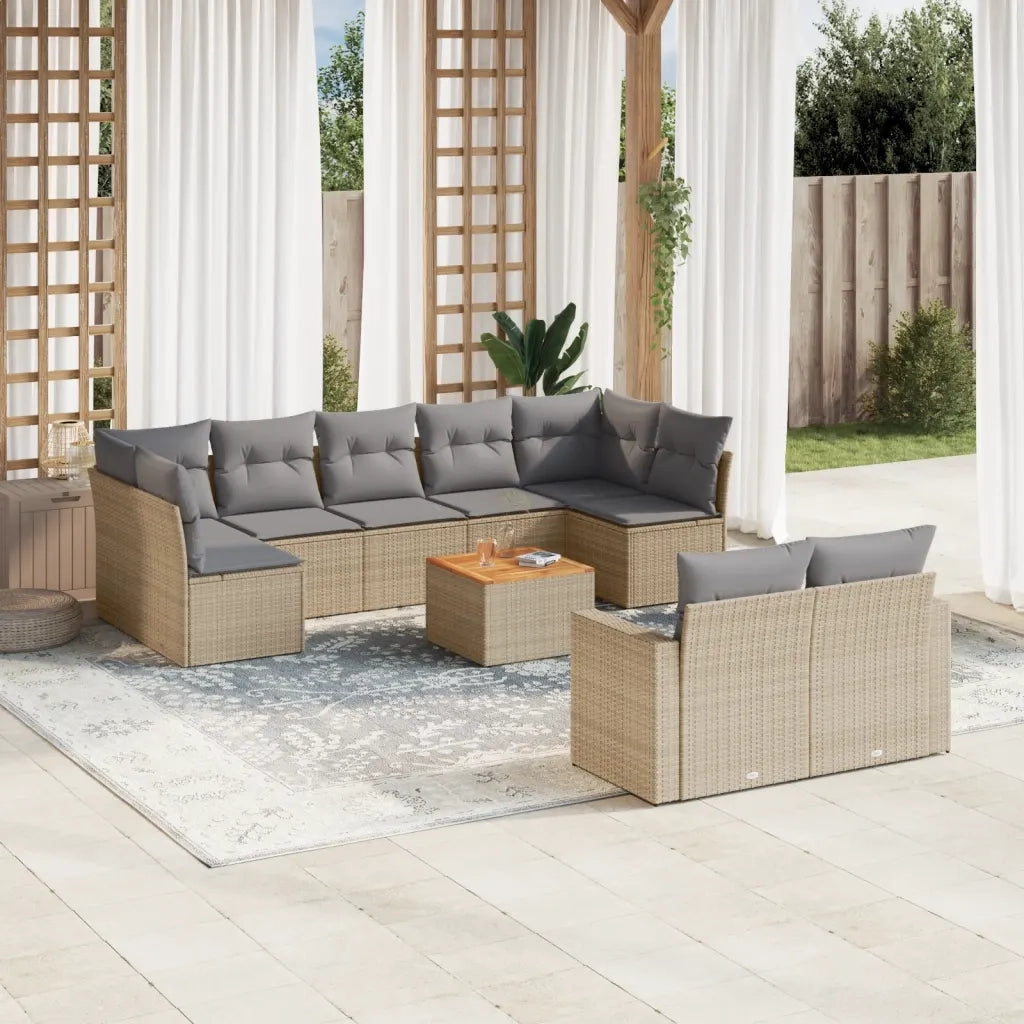 Set Divano da Giardino 10 pz con Cuscini Beige in Polyrattan