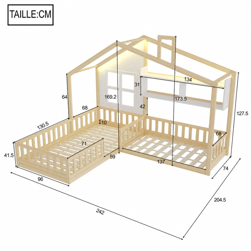 Letto per bambini a casetta con LED, ripiani, sponde di sicurezza e rete a doghe, 90x200 cm