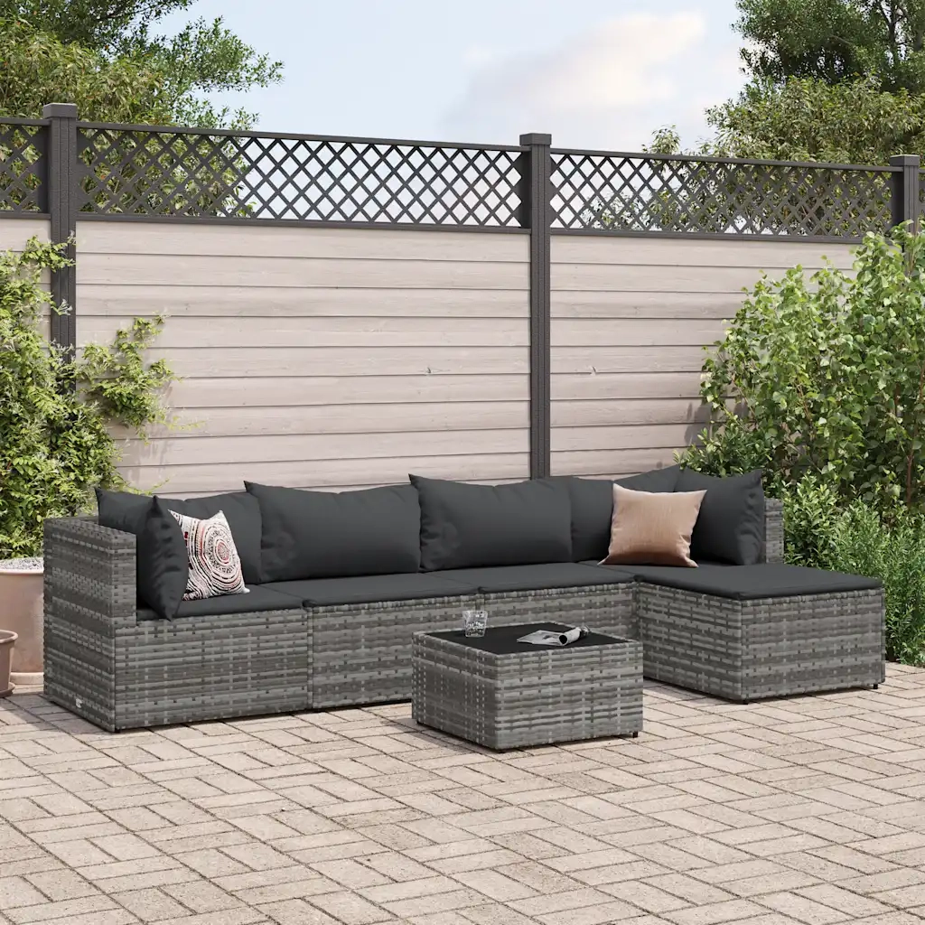 Set Divani da Giardino 6 pz con Cuscini in Polyrattan Grigio