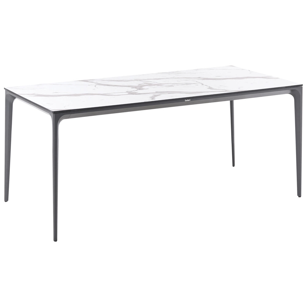 Tavolo da pranzo da giardino Piano in HPL marmo bianco Telaio in alluminio grigio scuro Resistente ai raggi UV all'acqua e alla ruggine Stile moderno del patio esterno
