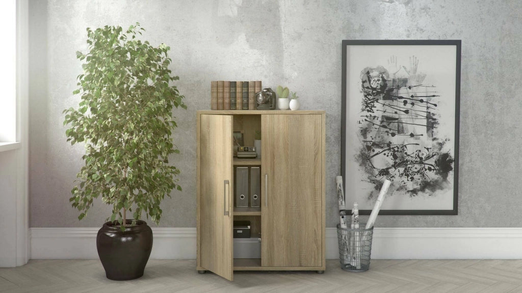 Credenza Warszawa, Buffet da soggiorno, Madia da salotto, Dispensa da cucina, 89x40 h113 cm, Quercia