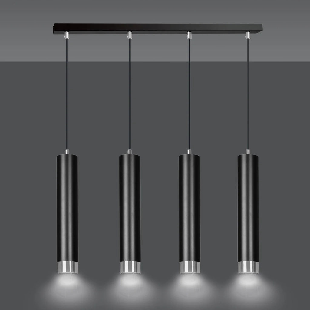 Lampadario 4 Luci Brunilde In Acciaio Nero E Tubolari In Nero E Cromo