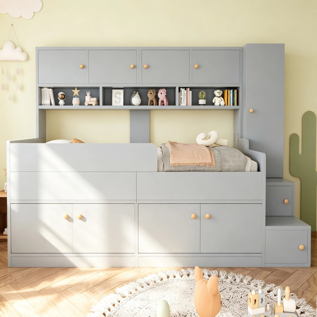 Letto a soppalco 90x200 cm con armadio; ripiani; scala; LED e parapetto di sicurezza; legno grigio