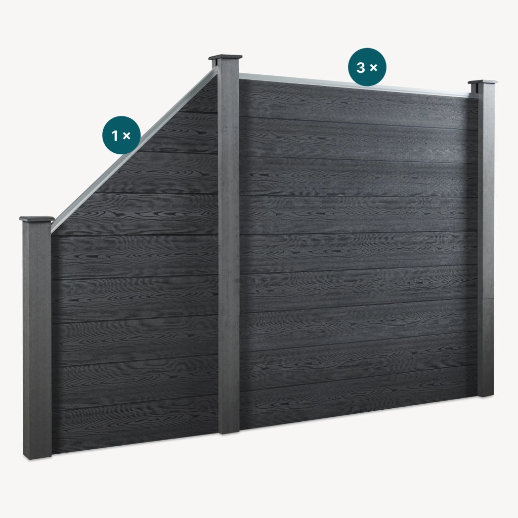 Recinzione in WPC per Giardino Staccionata da Elementi Inclinato e Rettangolari 183x625 cm Grigio NEU.HOLZ