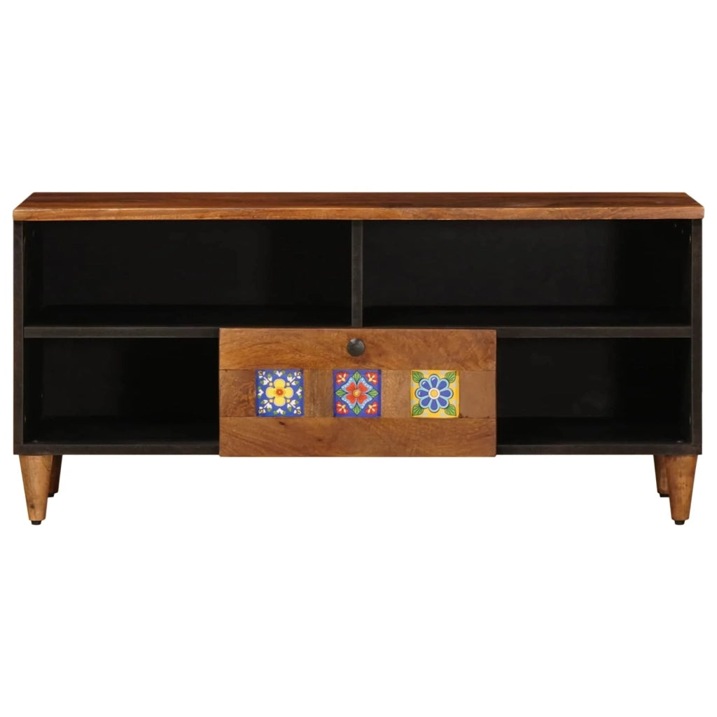 Mobile porta TV rettangolare moderno 100 x 33 x 46 cm con cassetto e contenitore per soggiorno in legno di mango noce 02_0057801
