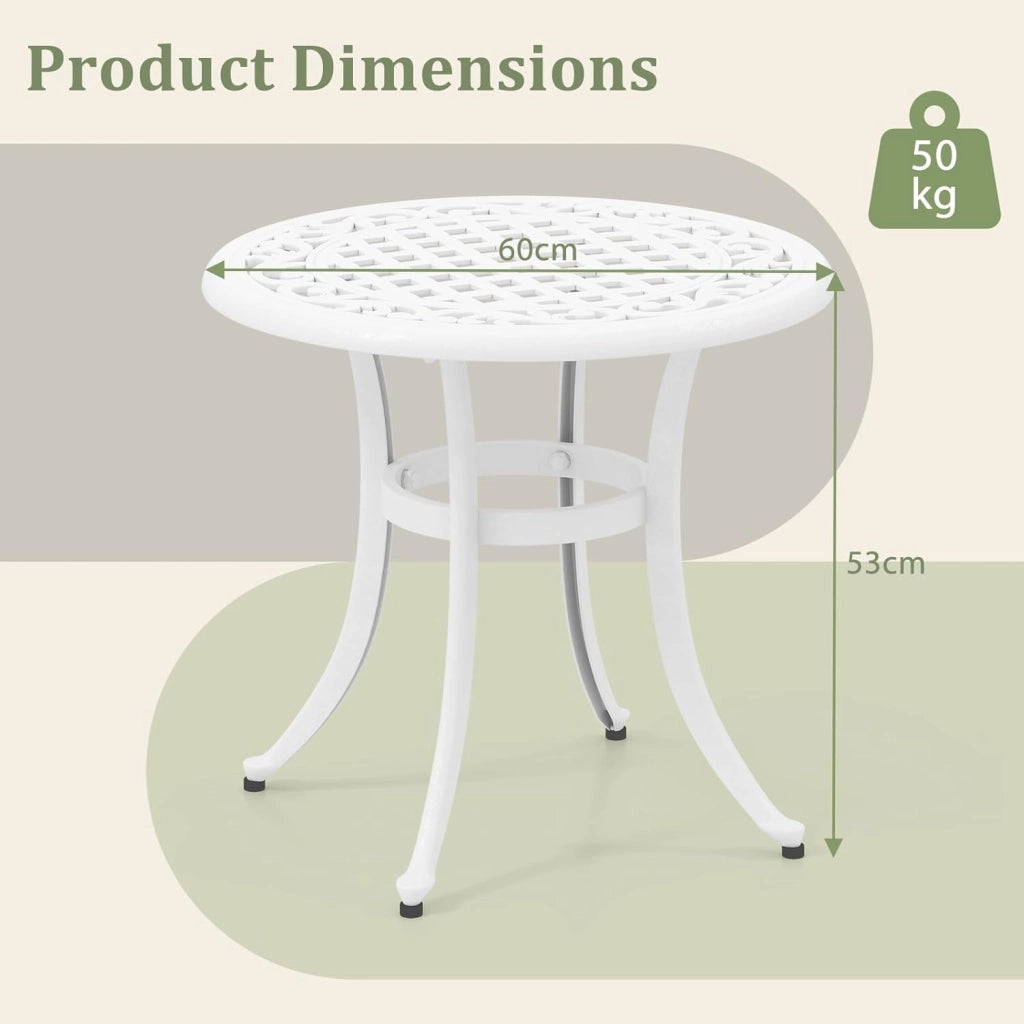Tavolo da giardino resistente alle intemperie, in alluminio pressofuso, rotondo, con piedini regolabili, 60 x 60 x 53 cm, per giardino, Bianco