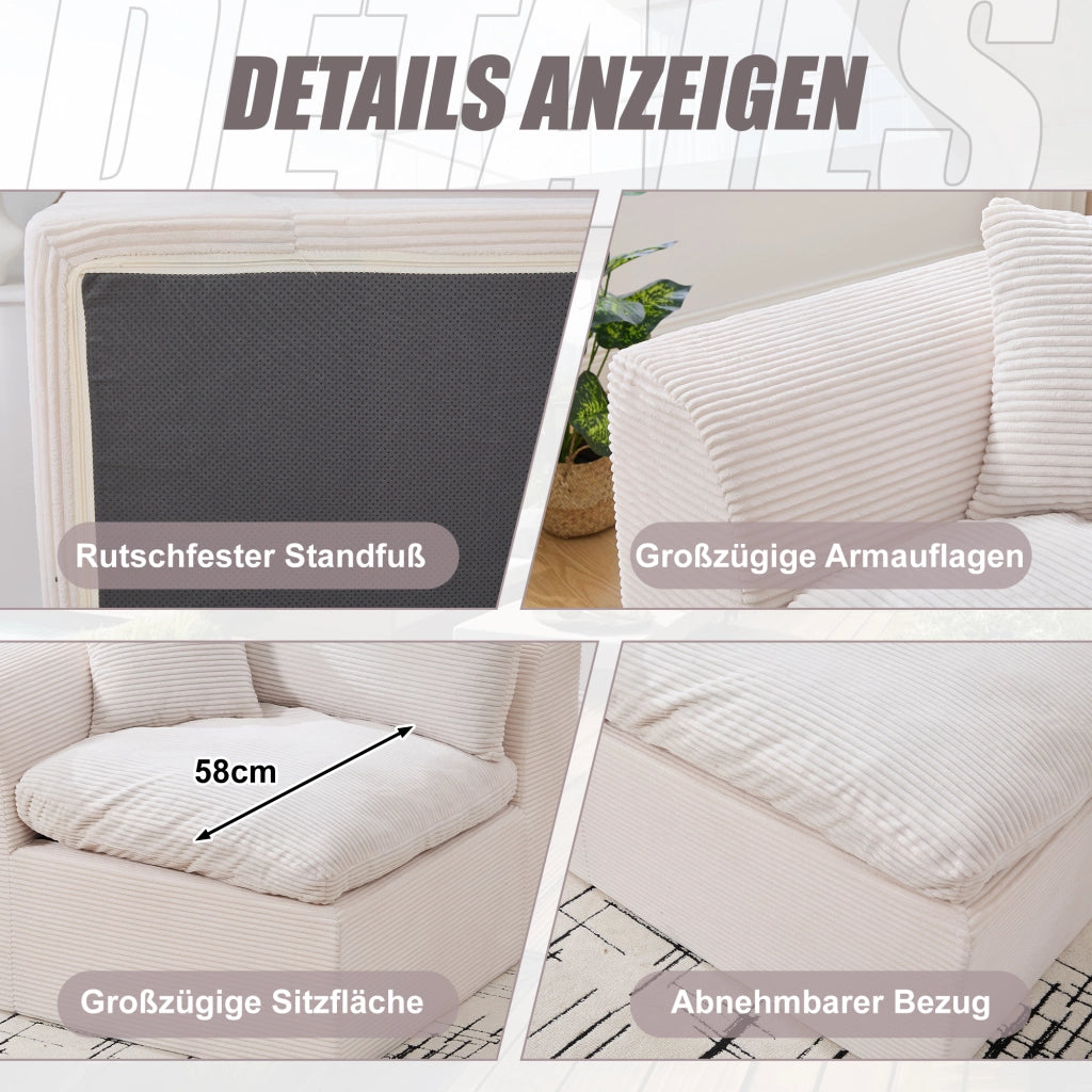 OKWISH Poltrona in Velluto a Coste, Seduta in Schiuma con Molle e Cuscino Incluso, Design Minimalista, Beige 101 × 102.5 × 84 cm