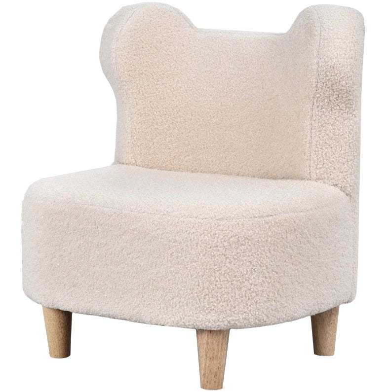 Poltroncina beige per bambini con orecchie da orso, tessuto teddy e piedi in legno