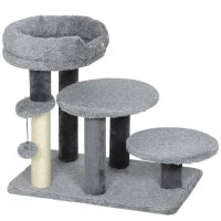 Tiragraffi e scala per gatti, base ampia, tessuto in peluche, palo graffi in sisal, grigio