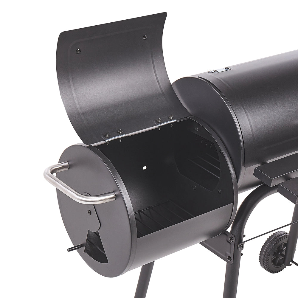 Griglia per barbecue a carbonella in acciaio Nero con coperchio con ruote Griglia di cottura con ripiano affumicatore sfalsato