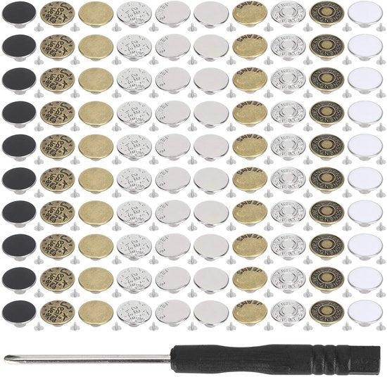 Confezione di 100 Jeansknopen in Metallo - Verifiche di Ricambio - Kit di Accessori - Cassetta di Ripristino - Per Abbigliamento da Cowboy - Dimensioni 20 mm/17 mm