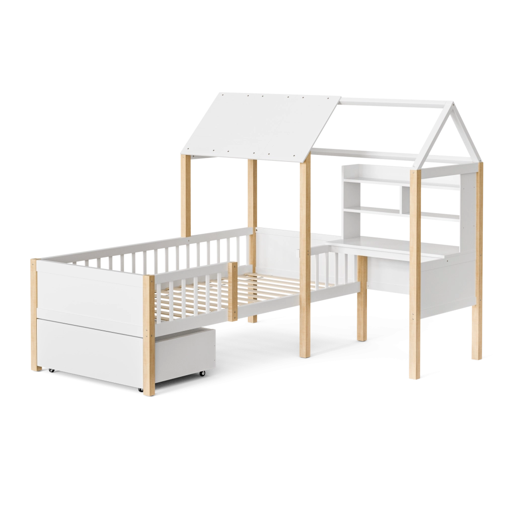 Letto per bambini 90x200 con scrivania, libreria e cassetti per ottimizzare al meglio lo spazio
