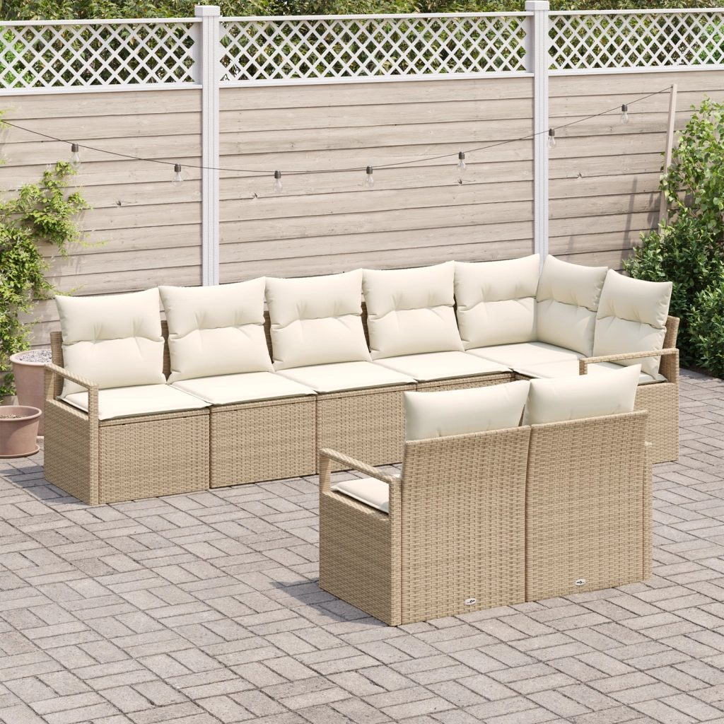 Set Divano da Giardino 8 Pezzi con Cuscini Beige Polyrattan