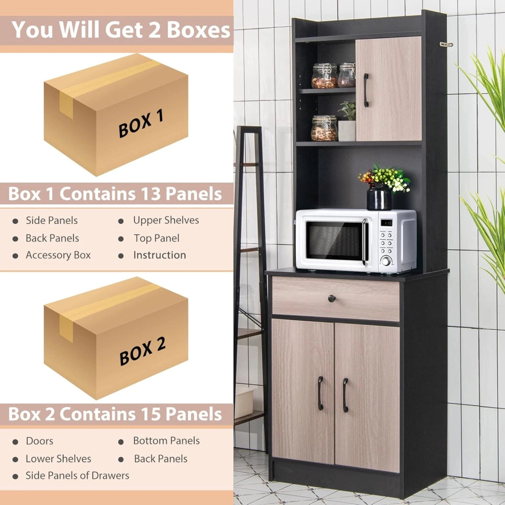 Armadio da Cucina Alto 180 cm, Credenza Alta da Cucina Multiuso, Mobile Buffet con Cassetto e Ripiani Regolabili, Mobiletto Cucina Salvaspazio Credenza, 60x40x180 cm, 2 Colori (Nero)