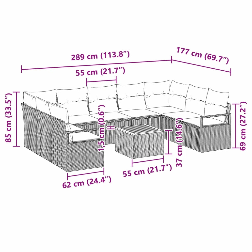 Set Divano da Giardino con cuscino 10 pcs Nero polyrattan