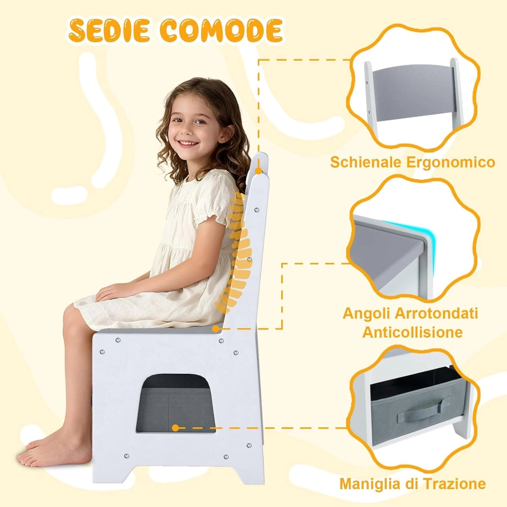 4 in 1 Set Tavolo e Sedie per Bambini 3+ Anni, Tavolo e Sedie con Piano Reversibile, Scaffali e Cassetti, Ideale per Disegno, Lettura e Studio (Grigio, Stile 3)