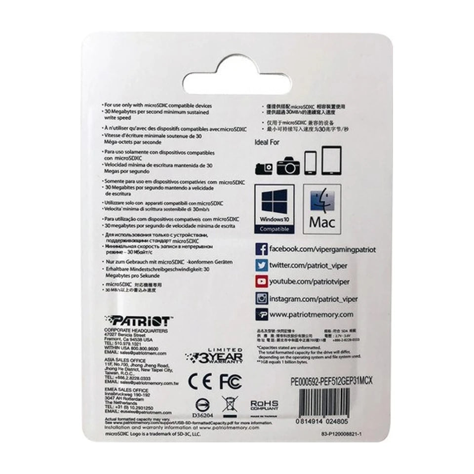 Scheda di memoria Patriot Memory PEF512GEP31MCX 512 GB MicroSDXC Classe 10