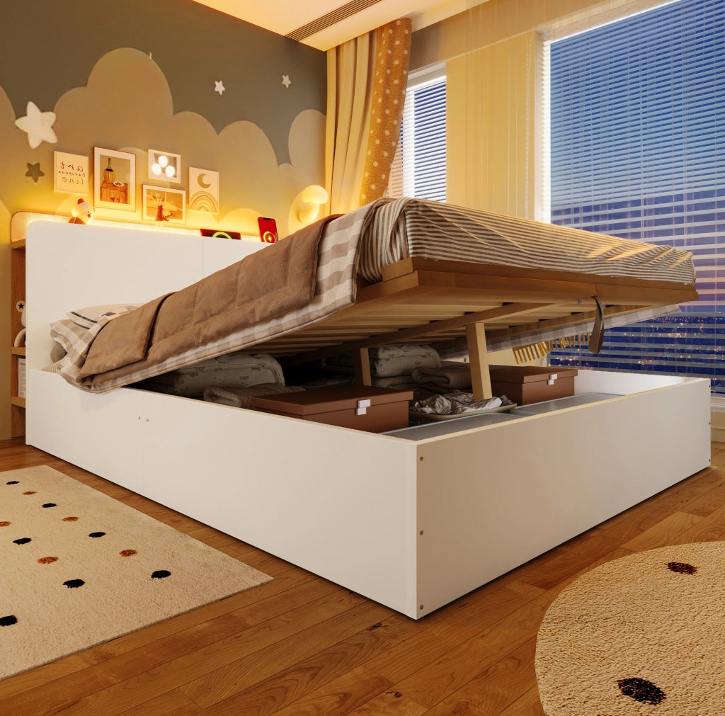 Letto matrimoniale 140x200 cm con contenitore idraulico; LED; USB e USB-C; bianco e naturale