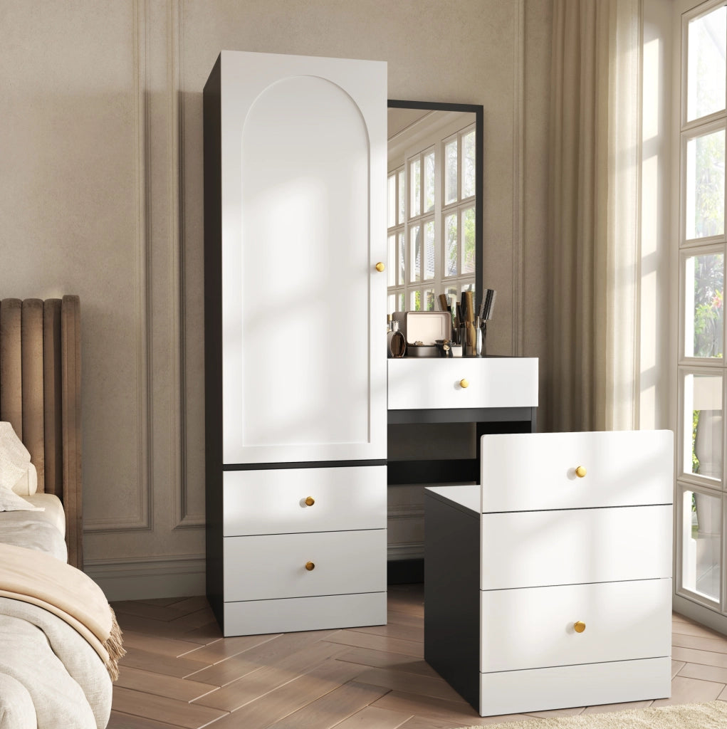 Armadio con specchio intero; sgabello estraibile e 4 cassetti in MDF; nero e bianco