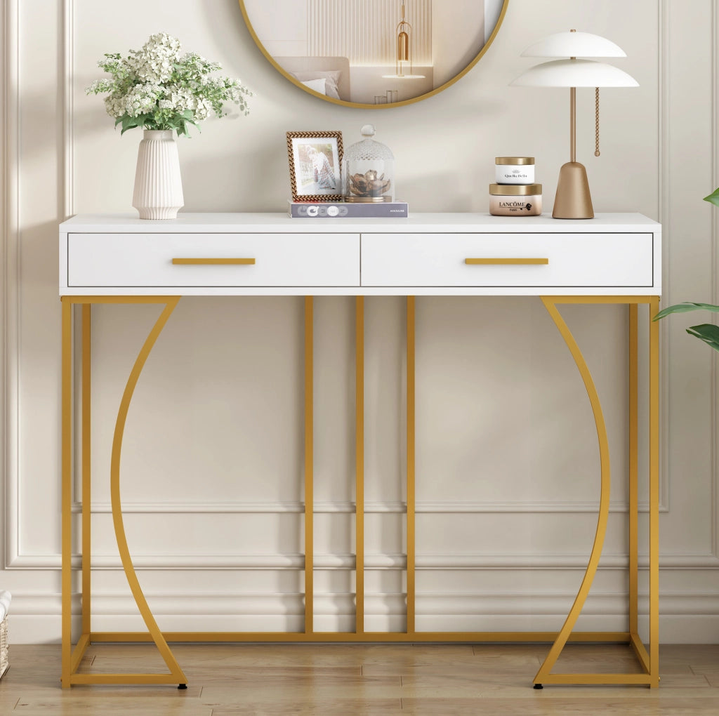 Consolle 110x32x85 cm con cassetto e gambe regolabili in MDF e metallo bianco