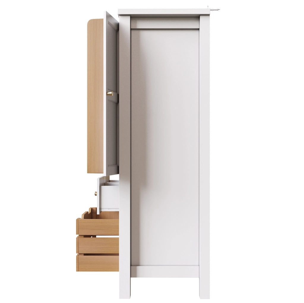 Credenza 80x40x140 cm con 5 cassetti; doppie ante e sicurezza antiribaltamento in MDF e PB bianco