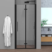 Porta doccia a soffietto per nicchia 85cm in vetro temperato trasparente con profili nero opaco Neos