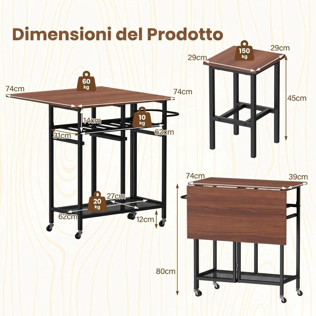Set Tavolo da Pranzo Pieghevole 3 Pezzi, Tavolo Salvaspazio Estendibile con 2 Sgabelli con Ruote, Portabottiglie da 6 Posti, Ripiani e Maniglia Laterale per Cucina (Marrone,Modello 2)