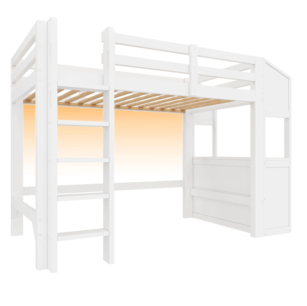 Letto a soppalco 90x200 cm bianco in legno e MDF; 6 cassetti e LED