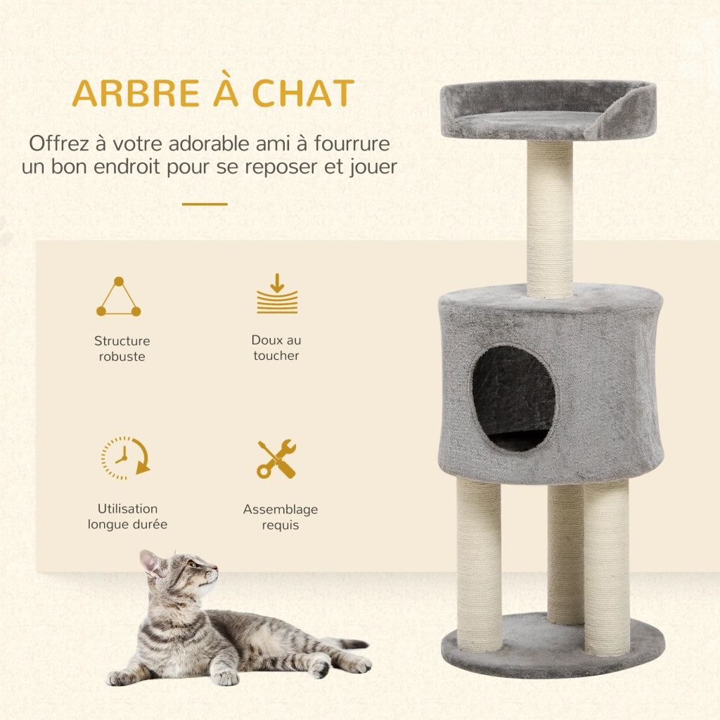 Albero tiragraffi per gatti con piattaforma e nicchia ¨C zephmum ¨C grigio naturale altezza 103 cm