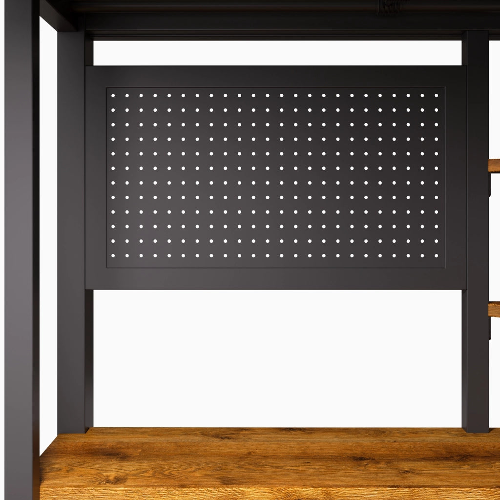 Letto a soppalco in metallo 90x200 cm, letto alto matrimoniale con scrivania, pannello forato, scala contenitore, prese USB/USB-C, ripiani e illuminazione LED, nero