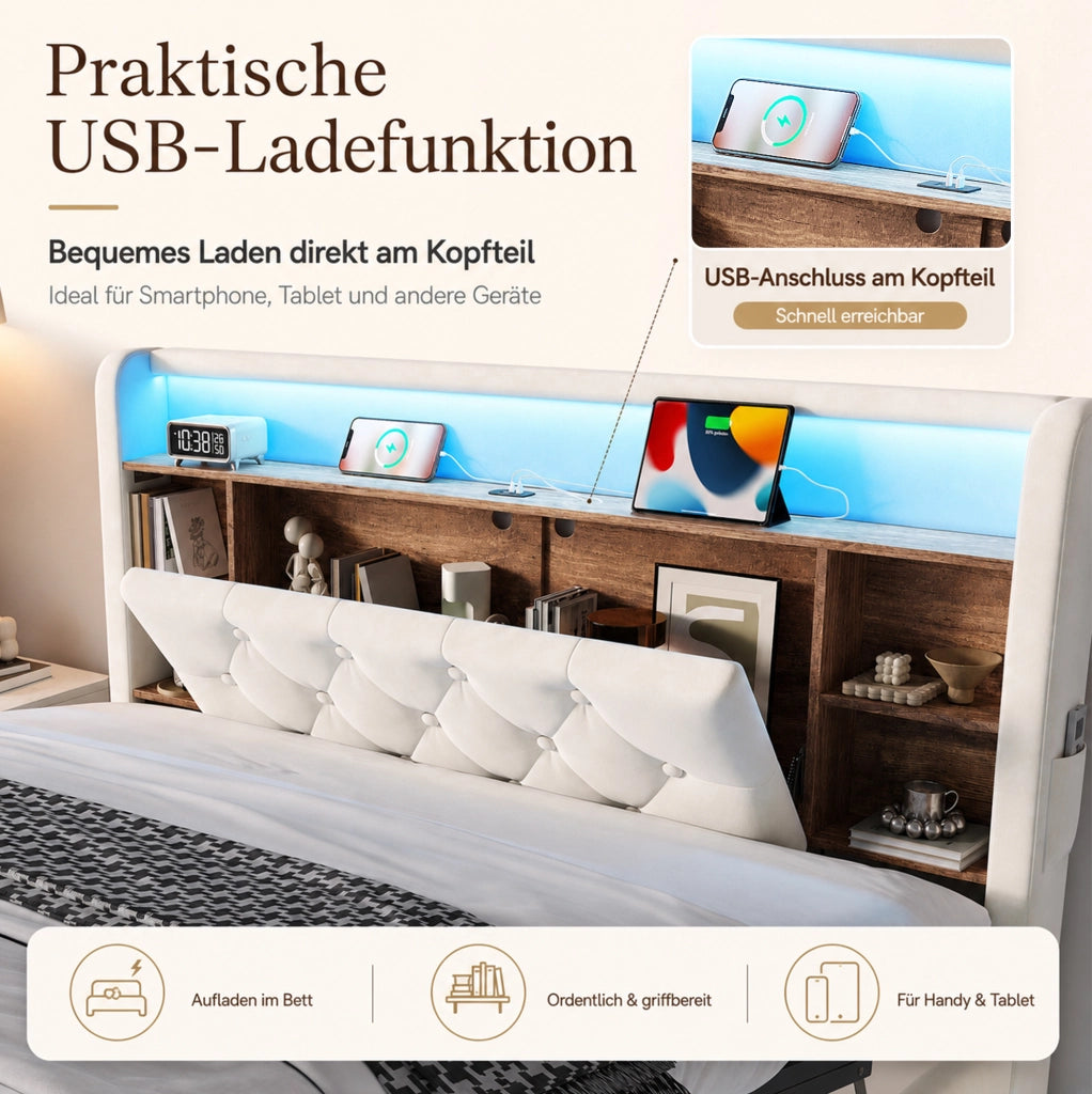 Letto imbottito 140x200 cm con contenitore, LED e porte USB, beige