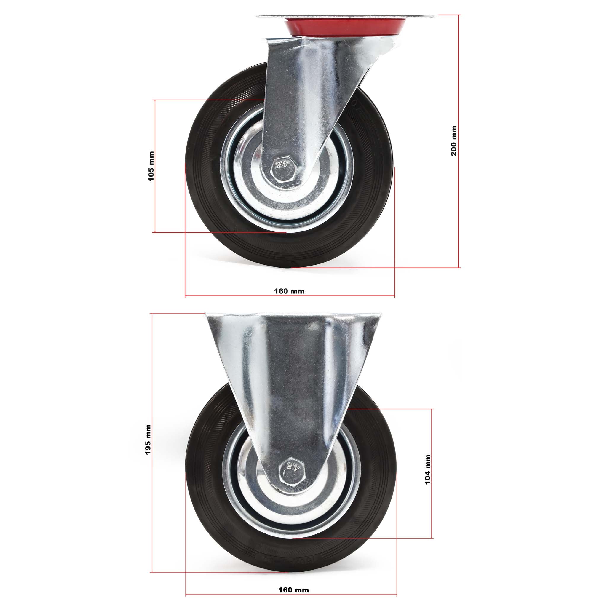 Set rotelle da trasporto 160 mm 2 ruote piroettanti 2 fisse, nucleo in metallo, 130 kg a ruota