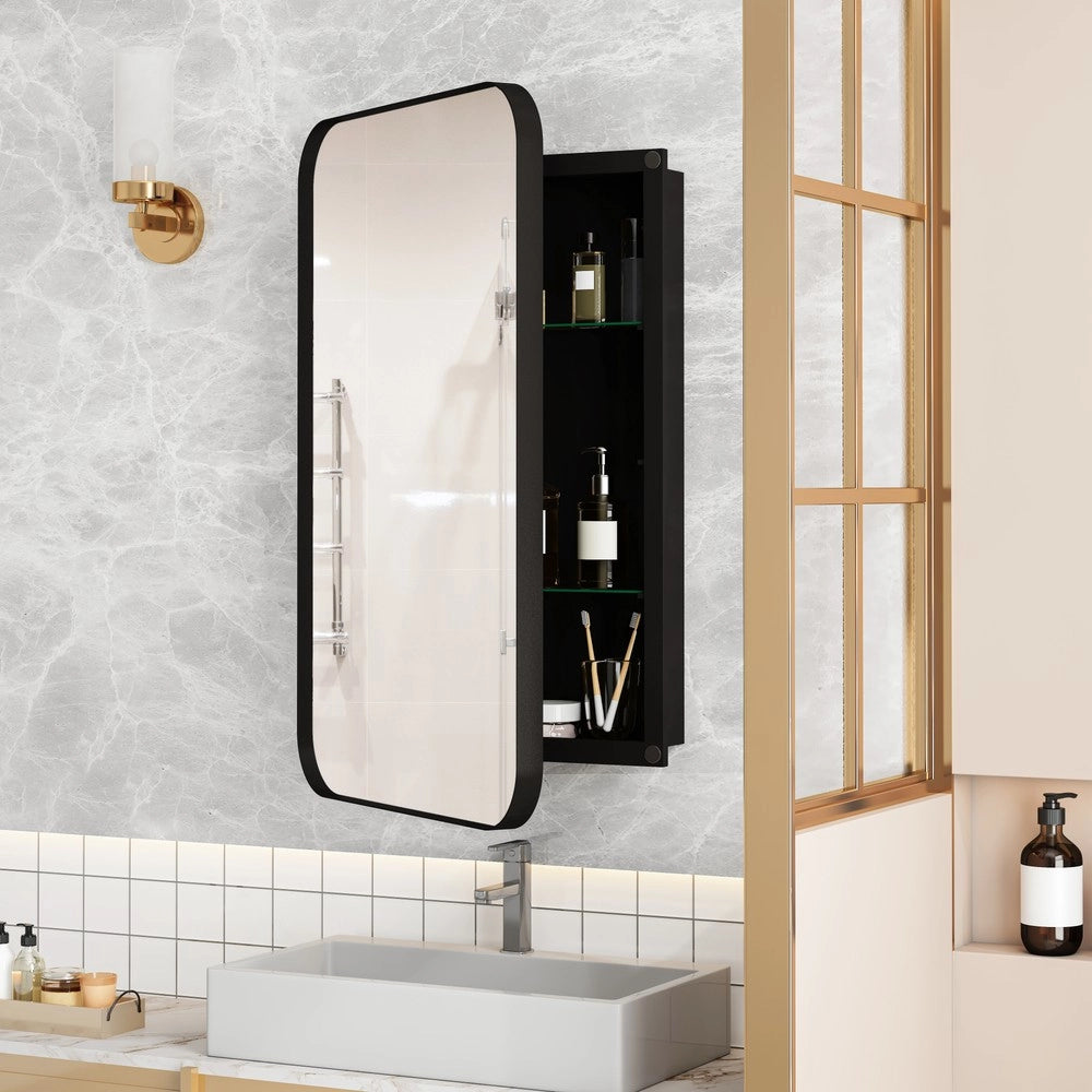 Armadietto a Parete con Specchio ¨C Minimal ¨C Nero, Ripiani Regolabili, per Bagno