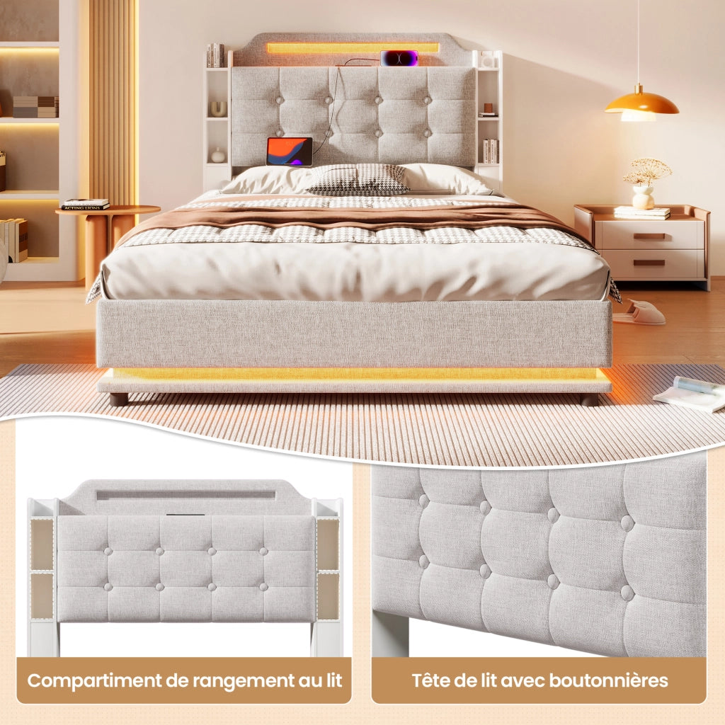 Letto Contenitore 140 x 200 cm - LED; USB; Tipo C e Vani Portaoggetti - Lino - Beige