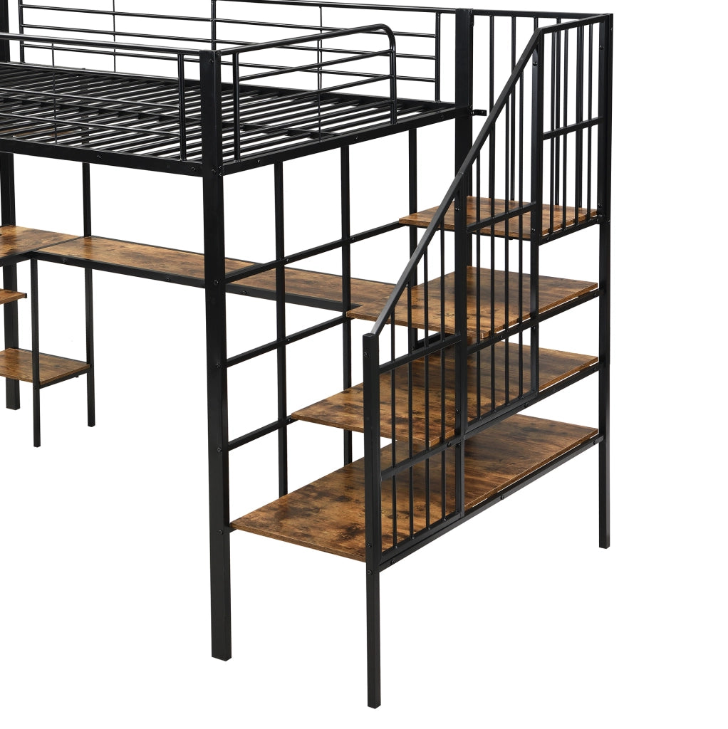 Letto a soppalco in metallo e MDF con scrivania; porta di ricarica e scala angolare 120x200 cm