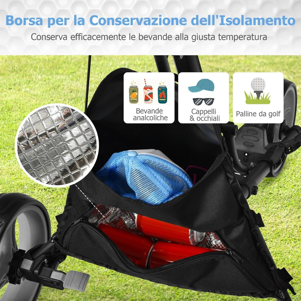 Carrello da Golf Pieghevole con 3 Ruote, Struttura in Alluminio, Cinghia Elastica, Portaombrello Regolabile e Porta Bicchiere, Segnapunti e Freno a Pedale