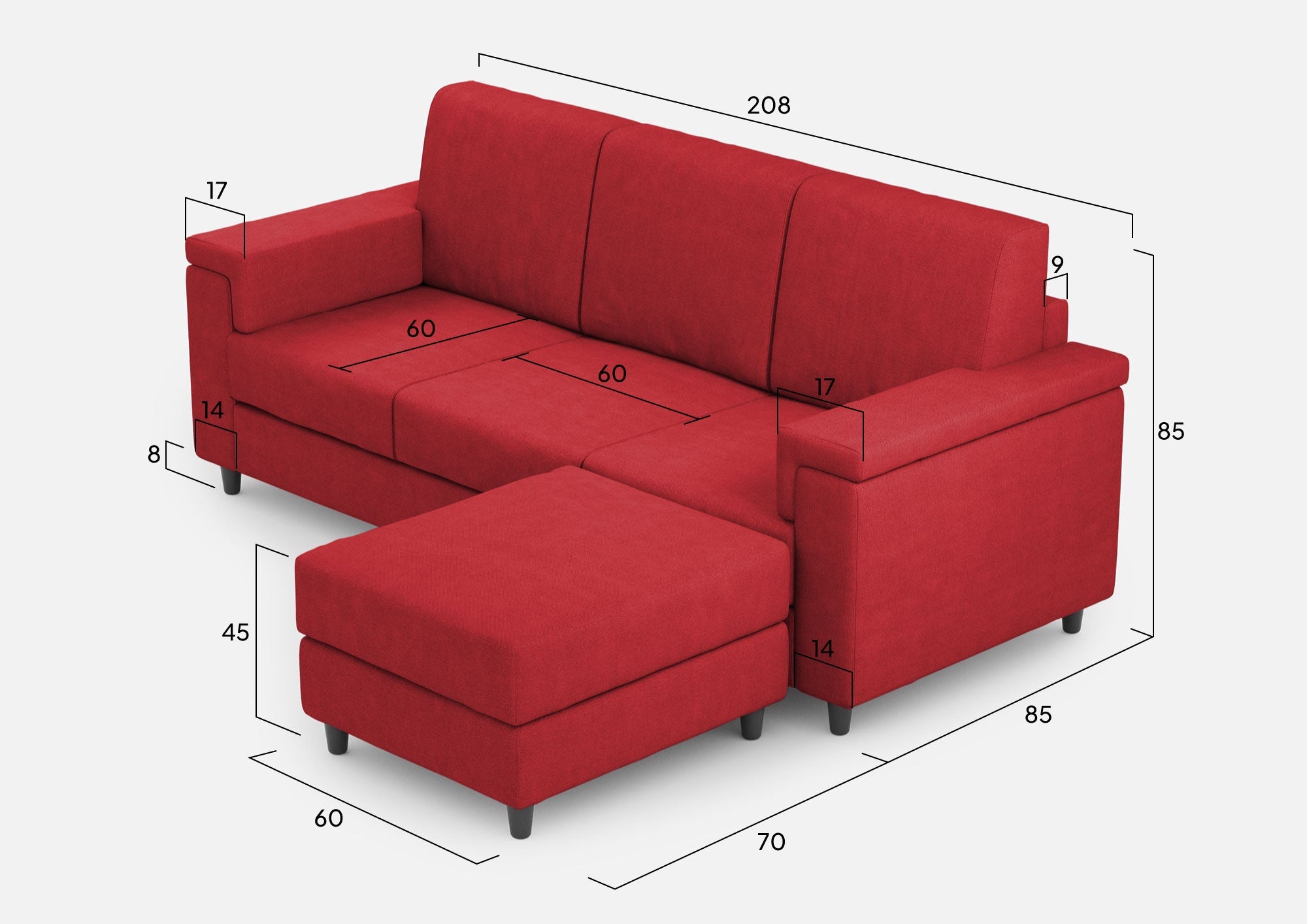 Divano 3 Posti con Pouf 208x155x85 cm Marrak in Tessuto Rosso