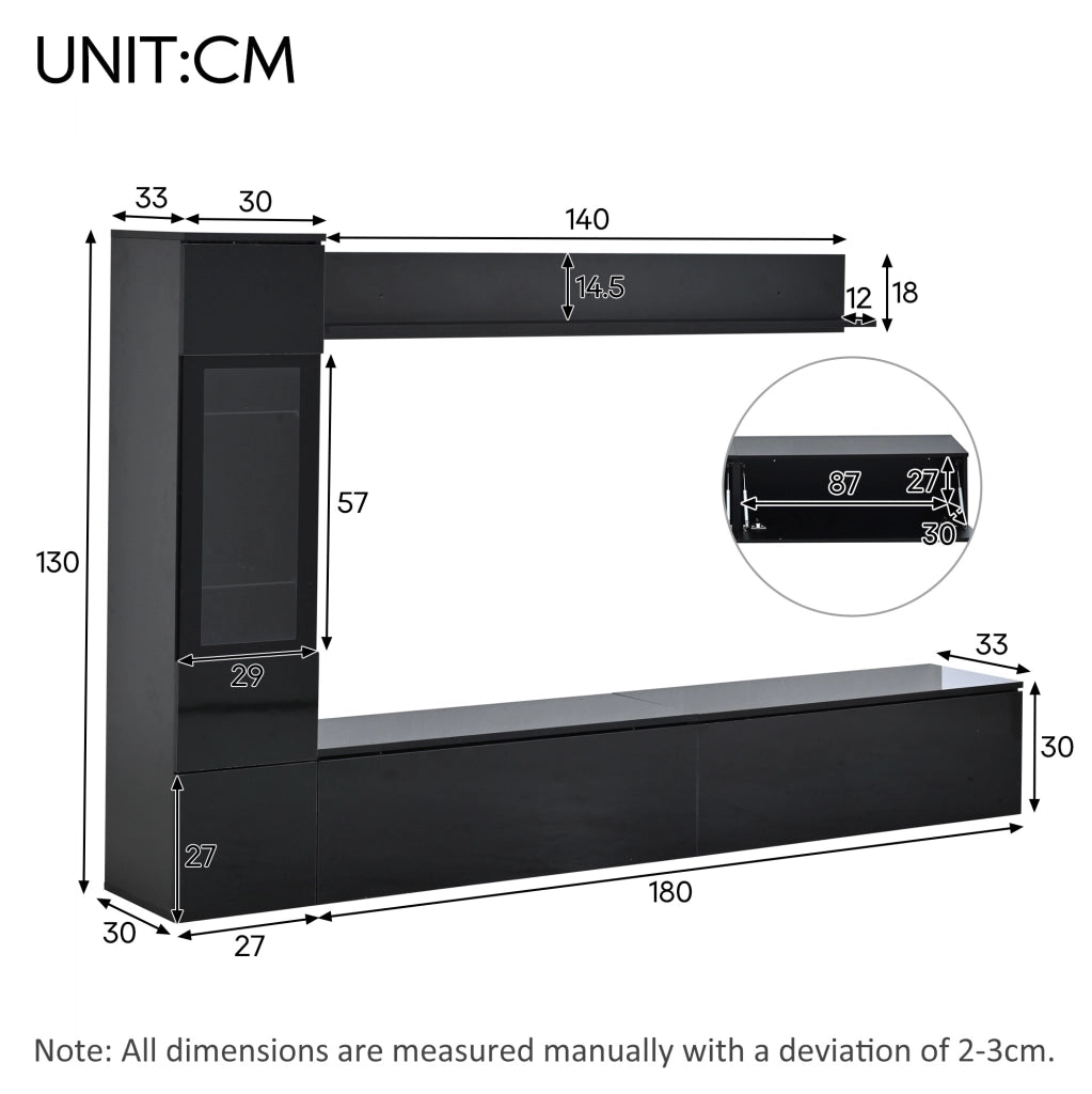 Parete attrezzata 3 pezzi con illuminazione LED RGB in truciolare nera