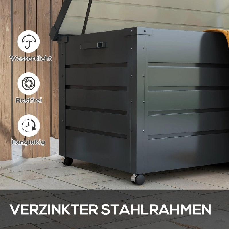 Box da giardino impermeabile in acciaio 311 L con ruote e coperchio chiudibile; grigio scuro