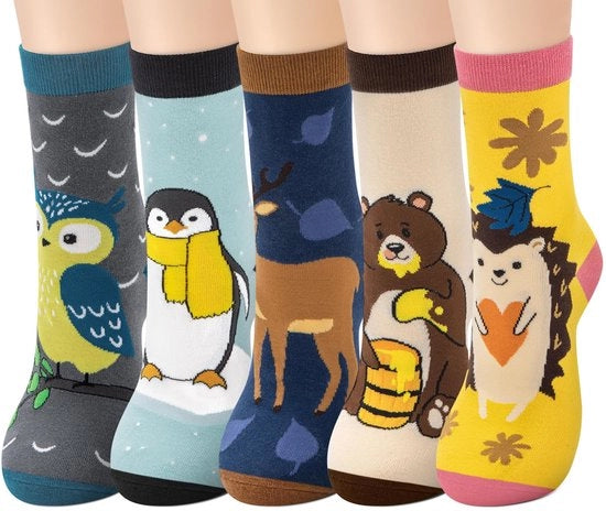 Calze per donna - Animali colorati - 5 paia - Calze di cotone - Resistenti - Comodi - Motivi colorati