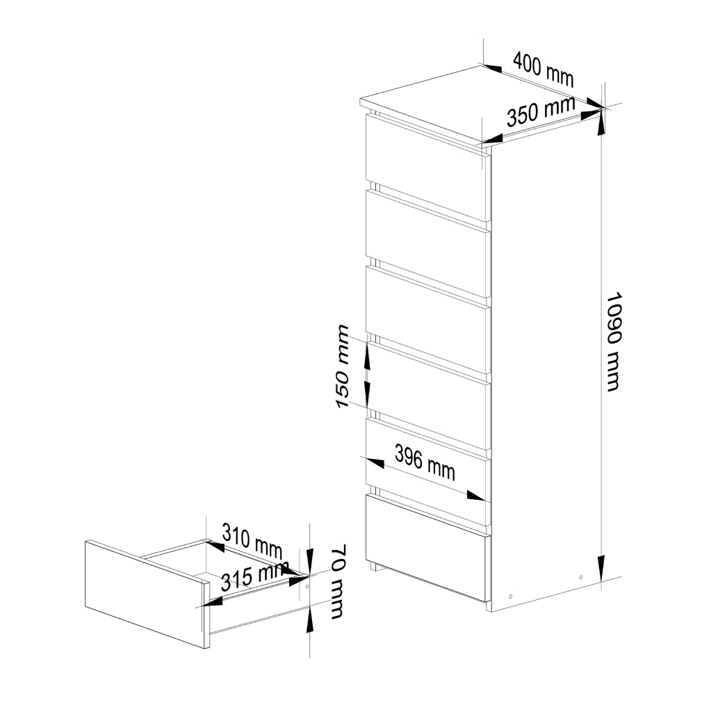 Cassettiera AKORD CL6 Cassettiera Bianca 40 cm 6 cassetti 40x35x109 cm
