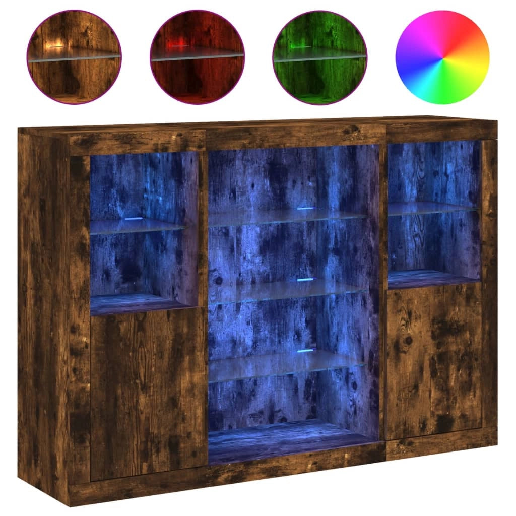 Buffet credenza cassettiera armadio mobile contenitore organizer per cucina soggiorno salotto con luci LED 3 pezzi legno ingegnerizzato marrone 02_0037207