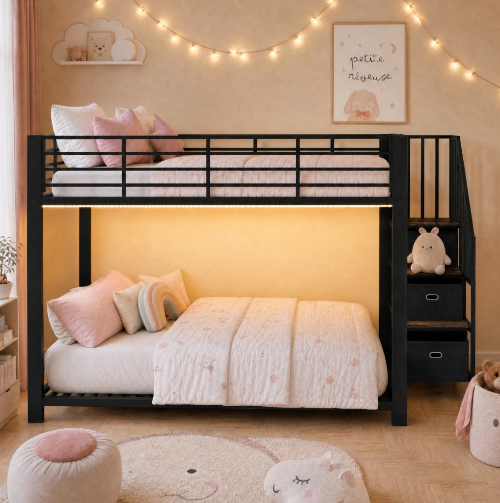 Letto a castello 140x200 cm in metallo e MDF nero con scala contenitore; LED e prese USB