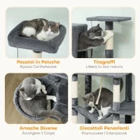 Albero Tiragraffi per Gatti Alto 202 cm con 6 Pali in Sisal, 2 Casette, 2 Amache e Lettino, Grigio