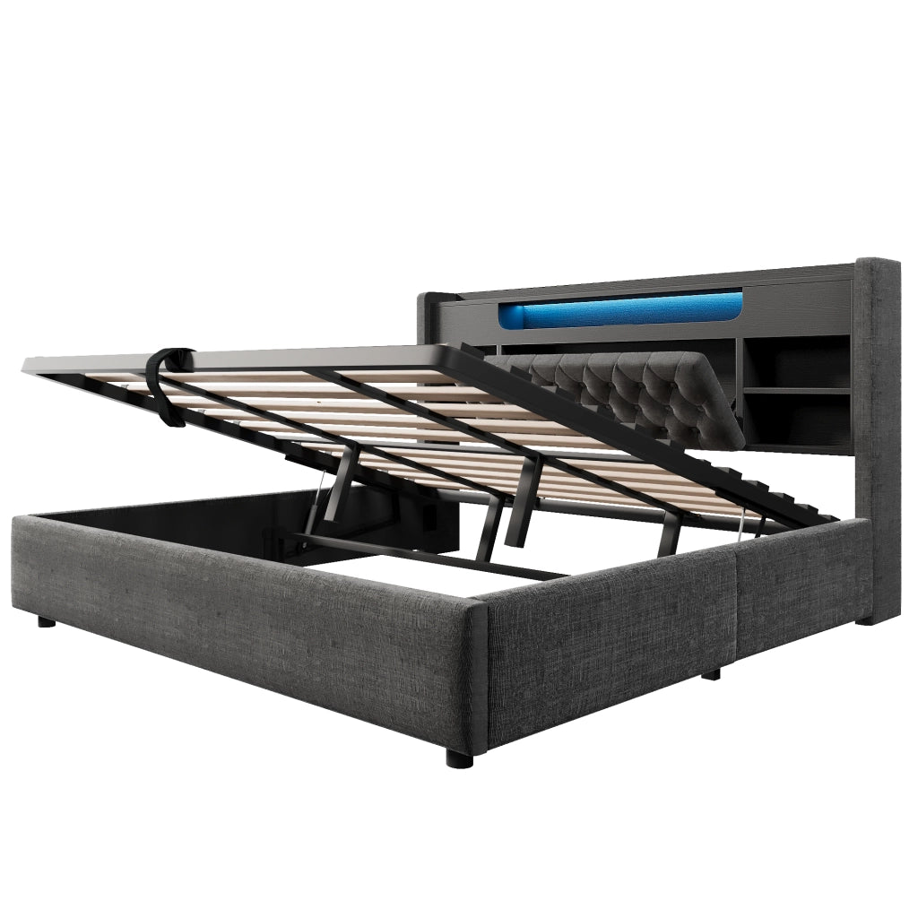 Letto Contenitore 180 x 200 cm - USB; USB-C; LED Regolabile e Mensole - Grigio
