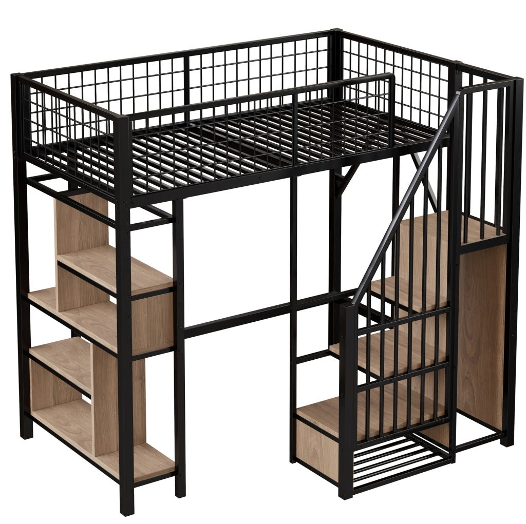 Letto a soppalco 90x200 cm con scala contenitore; struttura in metallo e legno; nero
