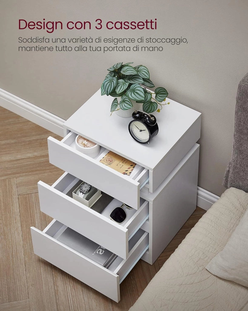 VASAGLE KAILYN Collezione - Comodino con Striscia Luminosa di Luci a LED Multicolore Variabile, 3 Cassetti, Tavolino in Stile Moderno, 35 x 40 x 55 cm, Bianco LET630T10