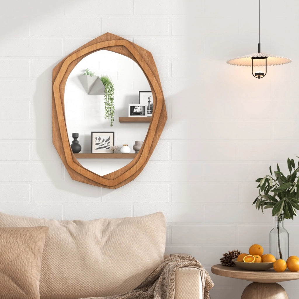 Specchio decorativo con cornice irregolare viti di espansione, Specchio da parete impermeabile 89x66cm Naturale-Specchi da parete