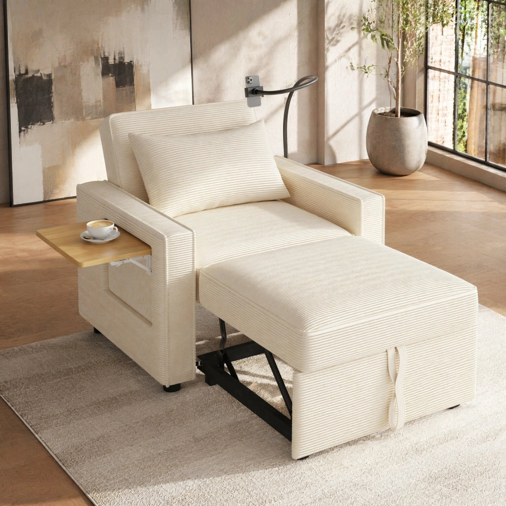 Divano Letto 1 Posto con Schienale Regolabile, Porta USB e Type-C, Supporto Smartphone 360°, con Tavolino e Tasche Laterali, in Velluto a Coste, Beige