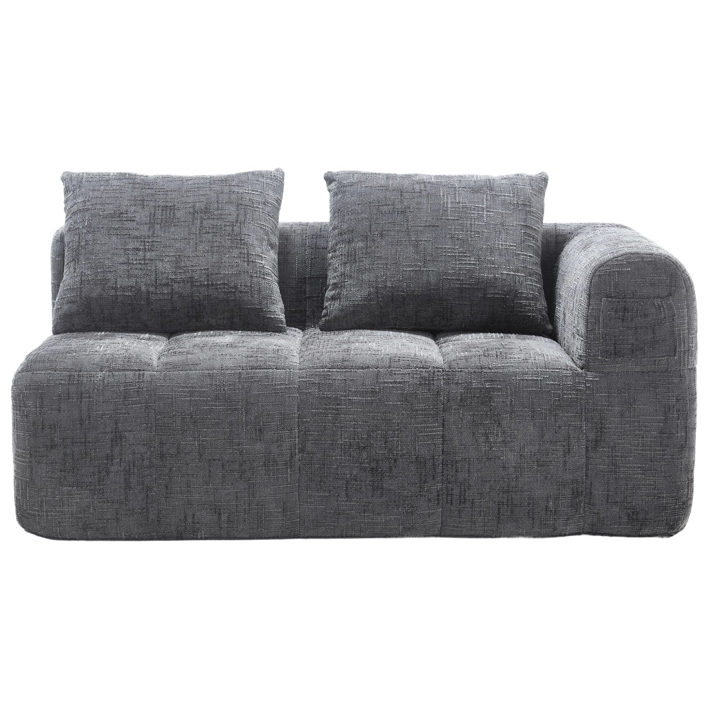 Divano moderno con chaise longue, tessuto Chenille grigio, cuscino e tasche laterali, 158x90x60 cm